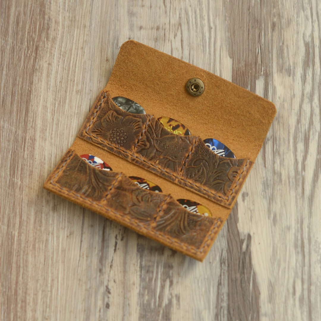 Floral Tooled Leather Guitar Picks Holder, Pick Pouch Case Wallet Holds