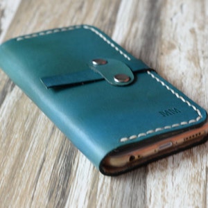Personalized Genuine Leather iPhone 13 / 12 / 11 / x / 8 / 8 Plus wallet case - Italian  Vegetable leather / blue-green