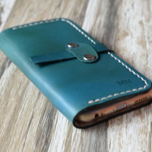 パーソナライズされた本革 iPhone 13 / 12 / 11 / x / 8 / 8 Plus ウォレットケース - イタリアンベジタブルレザー / ブルーグリーン