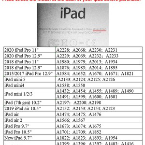 May include: A white table with a black and white chart listing different iPad models and their corresponding model numbers. The chart is titled "iPad" and includes models such as the iPad Pro 11", iPad Pro 12.9", iPad mini 5, iPad mini 4, iPad mini 1/2/3, iPad (7th gen) 10.2", 2019 iPad air 10.5", iPad air, iPad air 2, iPad Pro 9.7", iPad Pro 10.5", New iPad 9.7", and iPad 2/3/4.