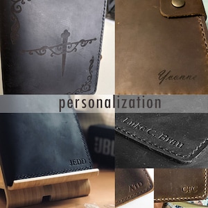May include: A collage of personalised leather wallets in various colours, including black, brown, and dark brown. The wallets feature different designs, including a dragonfly, a simple design, and the names "Yvonne", "Luke C. Brau", "Jedd", "A.T.D", and "C.F.C".