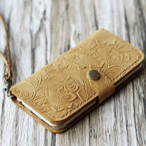 Genuine Tooled Leather iPhone 15 / 15 Plus / 15 Pro Max / 14 / 14 Pro Max / 13 mini / 12 / 12 Pro Max / xs max / 8 Plus wallet case - Tan