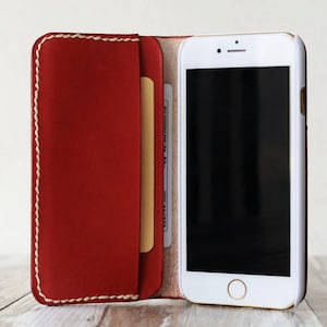 Funda de iPhone de cuero genuino personalizado para iphone x / 8 / 8 Plus / 7 / 7 Plus / 6 / 6 Plus / 6s / 6s Plus / 5 / SE Cartera de cuero- rojo