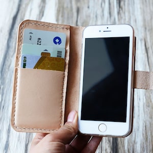 Wristlet Genuine vegetable tanned Leather iPhone 15 / 15 Plus / 14 / 15 Pro Max / 14 Plus Wallet Case with Wrist strap Nature Tan image 2