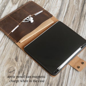 Personalized iPad air case, iPad mini 6 case, 2022 pro 12.9, Pro 11 case, iPad air 5,ipad portfolio magnetic apple pencil holder brown image 3