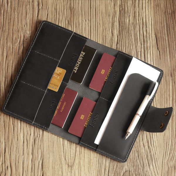 Personalized leather family 4 passport holder / family passport organizer / passport travel wallet cover - Black PA001