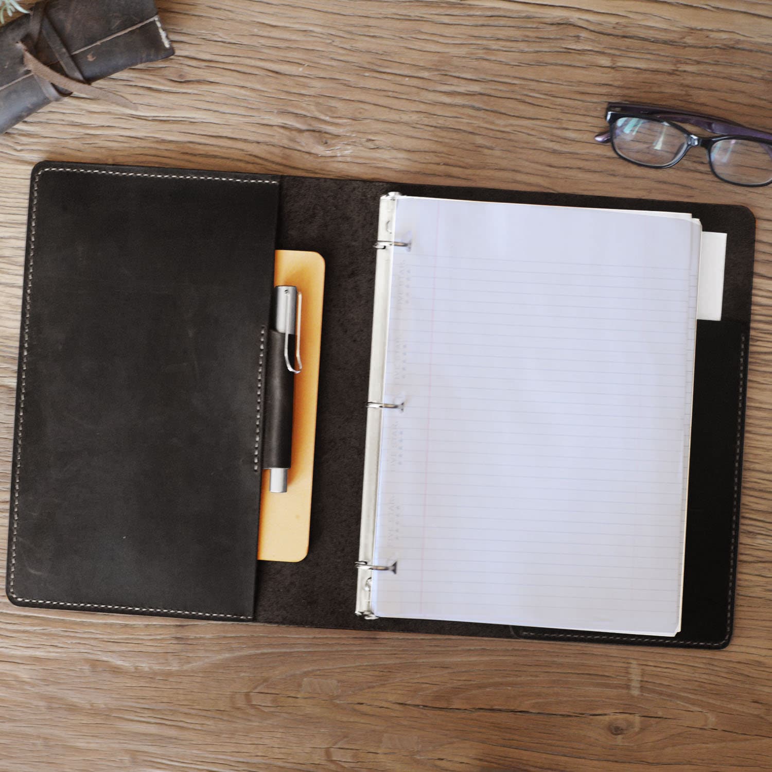 Geslun Genuine Leather 3 Ring Binder, 8.5 X 11 Letter Size Folio With Pen Holder, Soft Notebook Portfolio Cover, Slim Notepad Padfolio