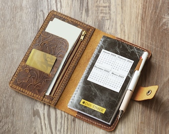 Personalized Leather Day-Timer Planner Cover, Pocket Size, Fits 3 1/2" x 6 1/2" Pages journal