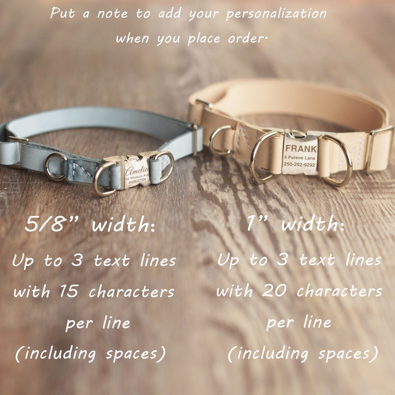 May include: Two leather dog collars with gold metal buckles and personalized name tags. The smaller collar is 5/8 inch wide and the larger collar is 1 inch wide. Both collars have space for up to 3 lines of text with a maximum of 15 characters per line for the smaller collar and 20 characters per line for the larger collar.