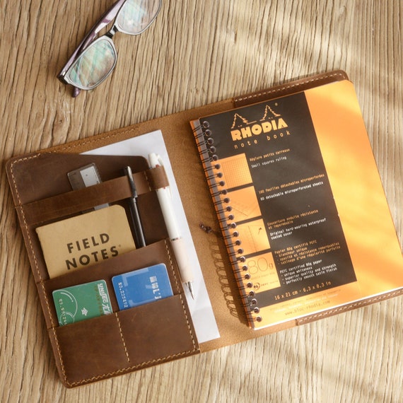 Custom Personalized Distressed Leather Cover Portfolio for RHODIA Pad No 16  A5 Size / 5.8x8.3/ With Pen Holder ,light Brown RH-2 