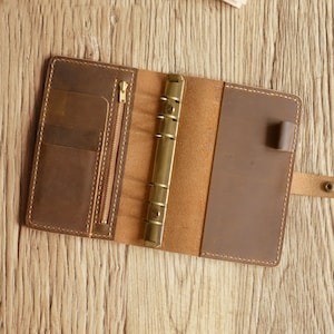 Personalized A6 / A5 6 ring Leather Refillable Planner Binder with zipper pocket, Leather Organizer, Filofax Personal Size Cover, 709