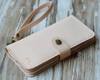 Wristlet Genuine vegetable tanned Leather iPhone 16e / 16 / 16 Plus /  15 / 15 Pro Max / 14 Plus Wallet Case with Wrist strap - Ivory
