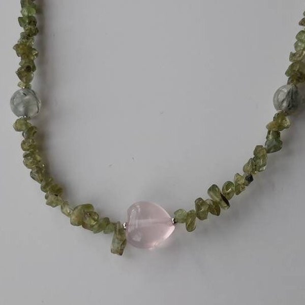 Peridot, Rose Quartz Heart and Prehnite with Epidote Inclusions Necklace - Worked in Sterling Silver - Beautiful Gift