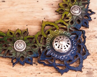 Leather silver necklace blue green Crystal