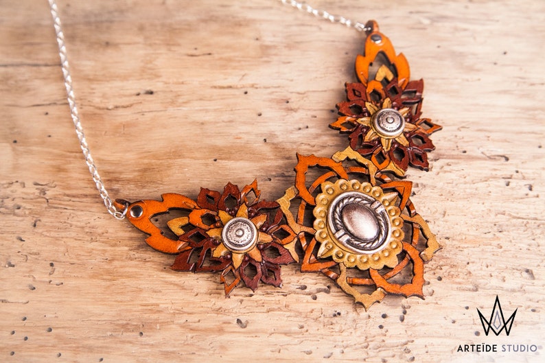 Leather silver necklace warm tones Crystal