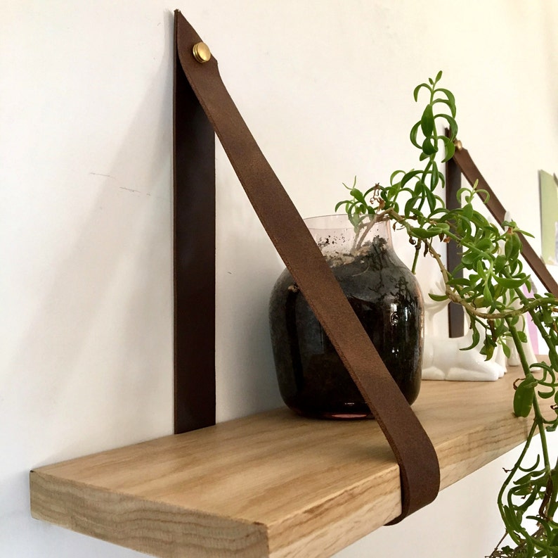French Oak Shelf With Black Leather Straps. Hanging Shelf Etsy