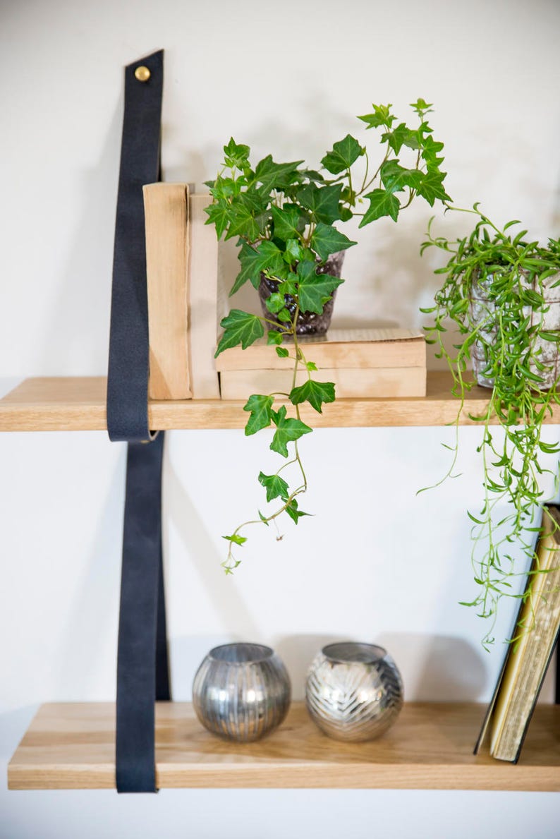 French Oak Shelf With Black Leather Straps. Hanging Shelf Etsy