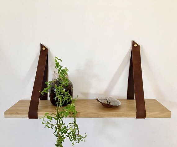 French Oak Shelf With Brown Leather Straps Hanging Shelves