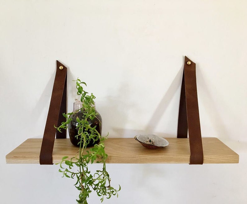 Reclaimed Wood Floating Shelves With Leather Strap Supports Set Of
