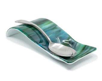 Turquoise & Aventurine Glass Spoon Rest - Heavy Ocean Decor - Sparkling Green and Blue Spoon Rest
