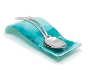 Robin’s Egg Blue & Peacock Spoon Rest - Modern Glass Decor-Abstract Blue Glass Serving Rest - Heavy Buffet Table Art