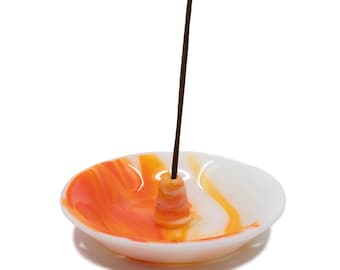 Orange Sherbet Artisan Incense Basin – Hand-Polished Orange & White Glass Ritual Dish – Zesty Sunset Ash Catcher