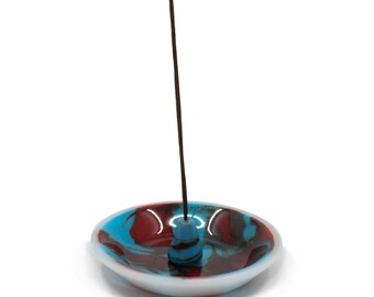 Desert Fire Artisan Incense Basin – Hand-Polished Turquoise & Red Glass Ritual Dish with Lampworked Center Post