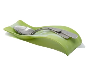 Large Pistachio Green Spoon Rest, Heavy Glass Utensil Holder, Wide Ladle Tray, Modern Stove Top Decor, Limited Edition Chef Gift