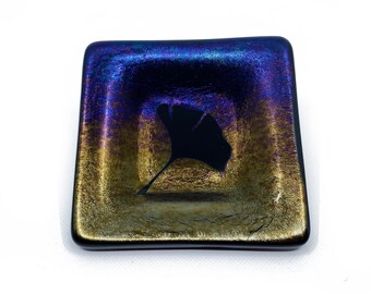 Iridescent Glass Ring Dish: Ginkgo Leaf Design, Incense Holder