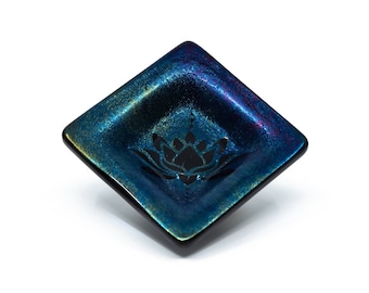 Iridescent Glass Ring Dish: Etched Lotus Design, Incense Holder