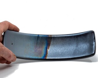 Metallic Steel Blue Glass Incense Holder - Industrial Gunmetal Ash Catcher - Sleek Grey & Blue Iridescent Burner - Modern C-Shape Tray