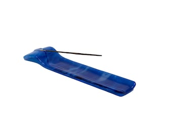 Blue Fused Glass Incense Holder, Wide Ash Catcher for Multiple Sticks, Modern Yoga Decor, Meditation Altar Tray,