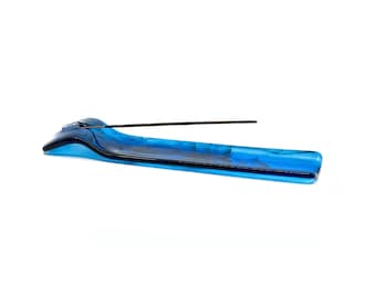 Sky Blue & Wispy Black Glass Incense Holder - Abstract Ash Catcher