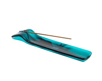 Peacock Green & Black Abstract Glass Incense Holder, Jewel Tone Ash Catcher, 11.5" Modern Zen Burner for Sticks and Cones