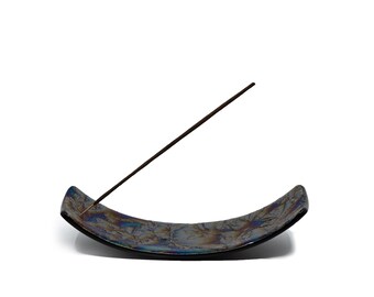 Metallic Raku Style Glass Incense Holder - Iridescent C-Shape Ash Catcher -Oil Slick Black & Gold Incense Burner - Modern Curved Glass Tray