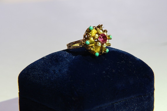 Cocktail ring gold, ruby, turquoise, pearl - image 2