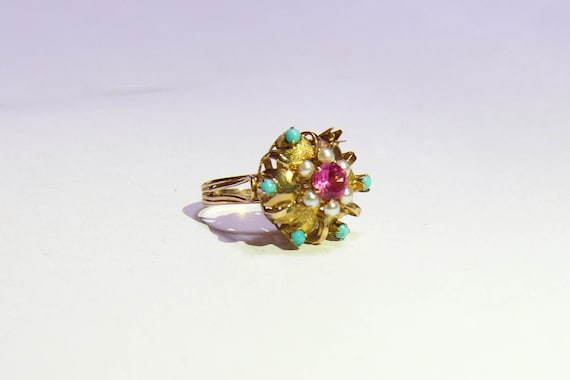 Cocktail ring gold, ruby, turquoise, pearl - image 1