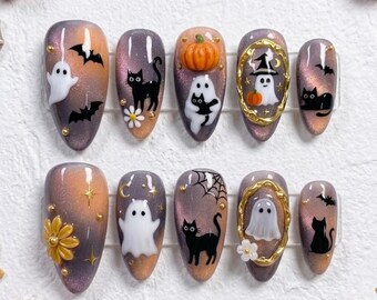 Uñas postizas de Halloween adorables y espeluznantes | Idea para fiesta nocturna mágica | Uñas de almendra mágicas kawaii | Uñas de margarita con gato negro | Uñas con arte de calabaza fantasma en 3D