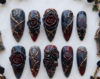 Gothic Red Rose Press On Nails | Dark Vampire Romance Art | Edgy Stiletto Nails | Gold Thorny Vines Nail | 3D Sculpted Floral Nail