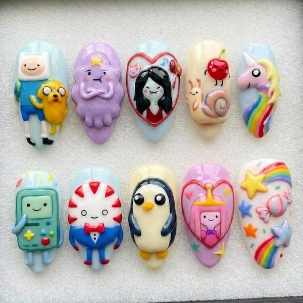 Adventure Time Finn Jake Colorful Press On Nails, Luxury 3D Embossed Hand Painted, Kawaii Cartoon Kidcore Y2K Nails Set