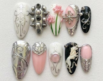 Metallic Chrome Unicorn Press On Nails | Dark Fantasy Vibe | Grunge Fairy Almond Nail | Spike & Floral Nails | Hand Painted 3D Art Nail