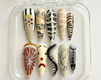 Creepy Surreal Press On Nails | Dark Circus Nightmare | Avant Garde Stiletto Nails | Sad Clown Clock Bone Nail | Hand Painted 3D Art Nail