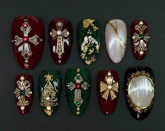 Handmade Gothic Christmas Press On Nails | Cross Charms, Emerald Green, Gold Foil & Pearl Accents | Long Oval Nails For Holiday Vibe