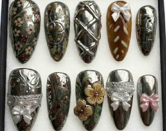 Vintage Silver Chrome Floral Press On Nails, Luxury Handmade 3D Bows Pearls & Lace, Coquette Cyber Fairy Grunge Nails Set