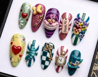 Handmade Alice in Wonderland Press On Nails | 3D Cheshire Cat Tea Party Art | Long Almond Fantasy Fake Nail Set