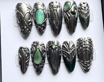 Dark Fantasy Armor Knight Press On Nails | Art Nouveau Goth Medium Almond | 3D Sculpted Silver Sword Nails | Medieval Grunge Aesthetic Nails