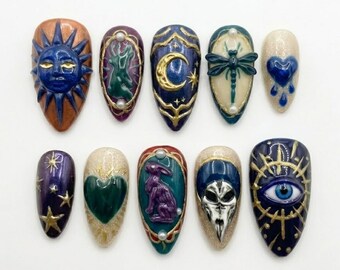 3D Mystic Sun & Moon Press On Nails | Gothic Celestial Fake Nails in Almond | Whimsical Dark Fairy Mismatched Art