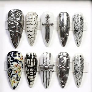 Chrome Gothic Press On Nails | Avant Garde Stiletto Nails | Sword Script 3D Silver Sculpted Black White Nail Art | Statement Nails