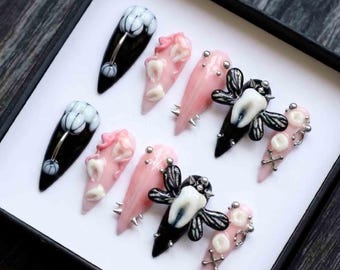 Goth Moth & Teeth Black Stiletto Press On Nails, Creepy 3D Molar, Silver Spikes, Dark Grunge Horror Nails Set