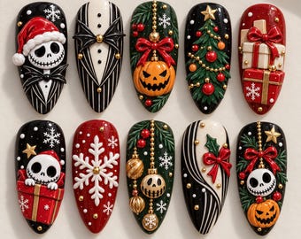 Nightmare Christmas Press On Nails, 3D Skeleton Pumpkin Gift Fake Nails, Snowflake Tree Gel Nails, Gothic Holiday Nails